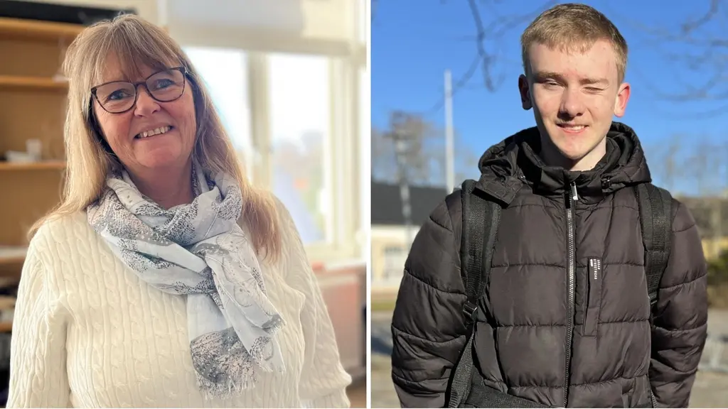 Två personer porträtterade bredvid varandra. Till vänster en kvinna i vit tröja med glasögon och halsduk, leende framför ett inomhusmiljö. Till höger en man i svart jacka utomhus.