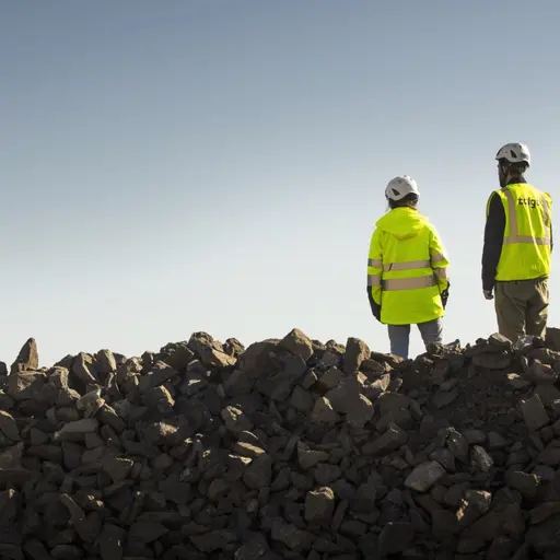Två personer i skyddsutrustning står på en hög av mörka stenar vid Talga i Vittangi, symboliserande gruvverksamhet och råmaterialutvinning under klar himmel.