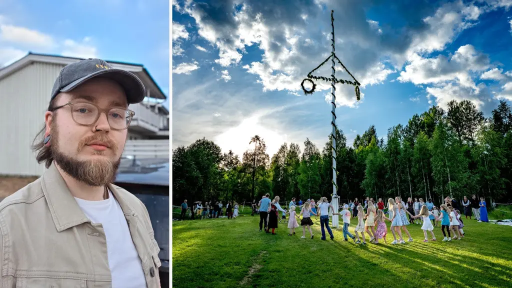 Porträtt av William Lindh till vänster, bredvid midsommarfirande med dans runt lövad stång på gräsplan i somrig park under blå himmel med moln.