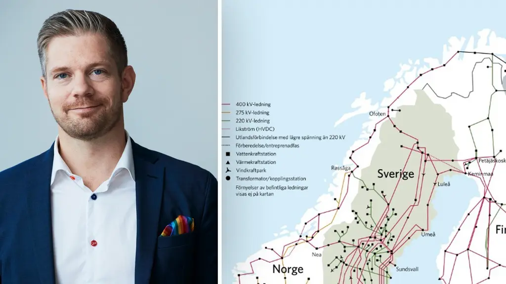 Erik har en marinblå kavaj och vit skjorta med blåa och röda knappar. till höger syns svenska kraftnäts karta över de olika ledningarna som går mellan Norge och Finland.  