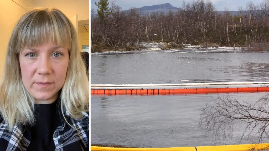 Till vänster syns en kvinna med ljust hår, som arbetat på Länsstyrelsen under oljeutsläppet. Till höger syns en bäck utanför Kiruna där orange länsar har placerats ut för att begränsa spridningen av olja.