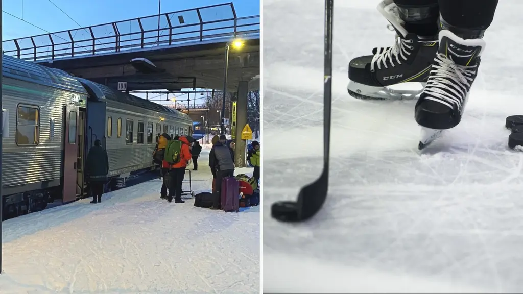 Resenärer står vid ett nattåg i Luleå klädda i vinterkläder och packade med bagage. På en annan bild syns ett par hockeyskridskor och en klubba på isen.