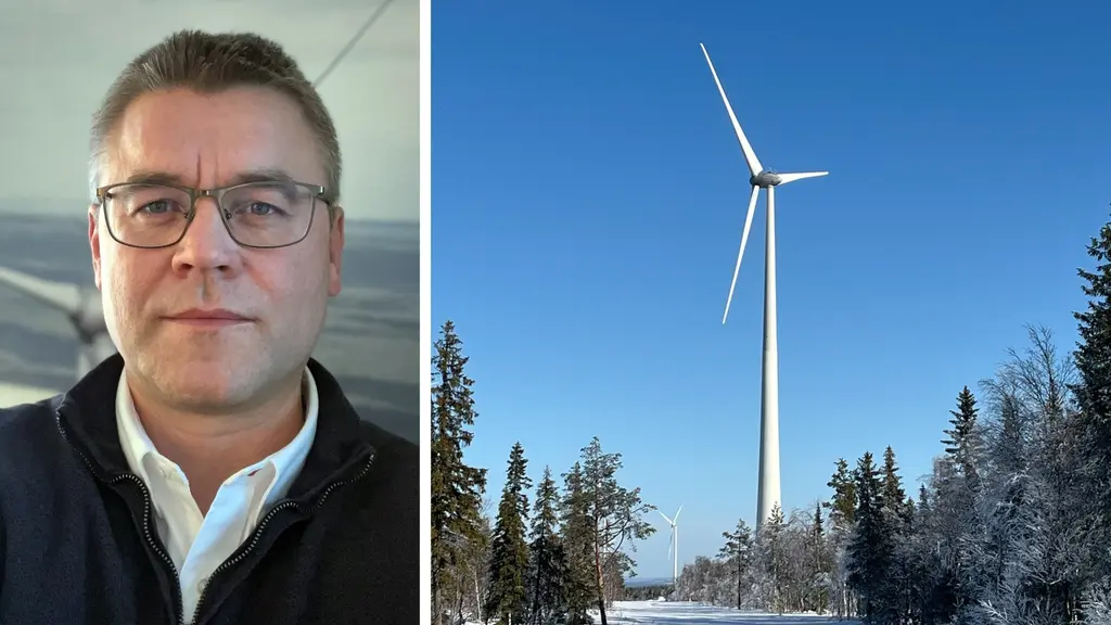 Till vänster: Fredrik Bäcklund från Statkraft i Piteå. Till höger: En vindsnurra i Markbygden utanför Piteå.