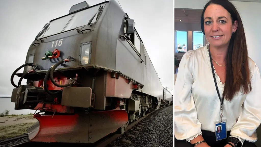 LKAB:s logistikchef Linda Bjurholt står framför ett tåg på Malmbanan. Tåget är lastat med malmvagnar och symboliserar företagets satsning på ökad kapacitet för malmtransporter.