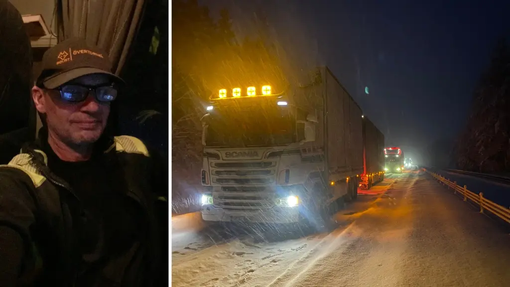 Yrkeschauffören Robert Hernefeldt från Kalix sitter fast med sin lastbil i snökaos på E4 norr om Tönnebro. Bilden visar en lastbil med lysande strålkastare på en snöig väg i mörker.