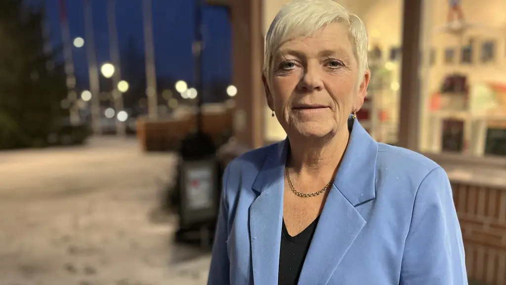 Pernilla Färlin (M) står utomhus i vintermiljö med snö på marken. Hon bär en ljusblå kavaj och svart topp. I bakgrunden syns gatubelysning och byggnader upplysta under kvällstid.