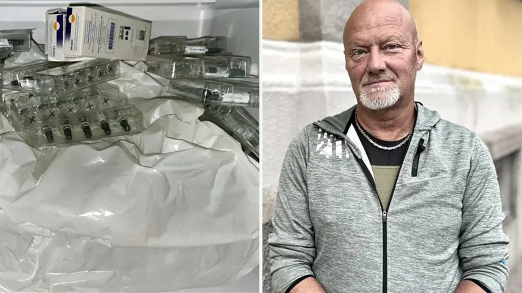 Frysskadat vaccin visas i förpackning. Sjuksköterskan Lars Dotzsky, som jobbat på  Doktor.se, står i grå huvtröja.