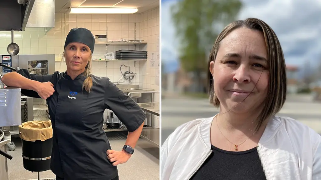 Maria Wallberg, kock på Solbergaskolan i Torsåker, poserar i ett kök med arbetskläder. Linda Maria Antilla, socialdemokrat och ordförande för barn- och utbildningsnämnden, syns utomhus med en vit jacka.