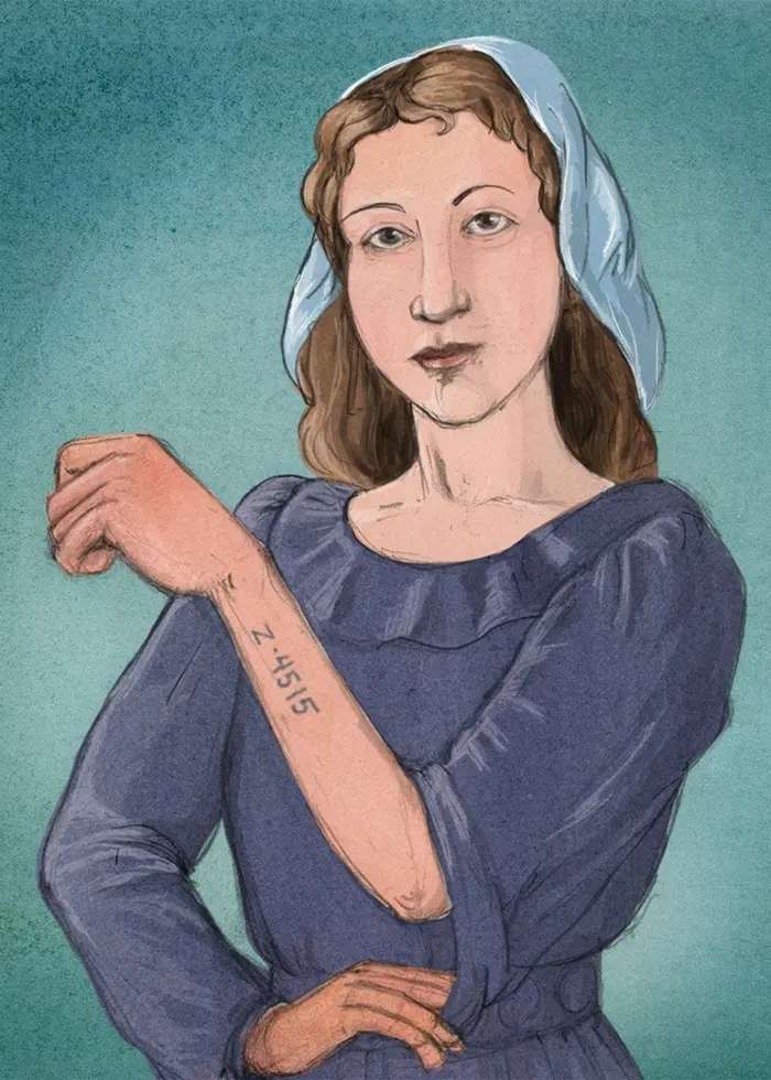 Teckning av en kvinna mot grön bakgrund, klädd i blå långärmad klänning och ljusblå scarf. Hon visar sin vänstra arm med tatueringen Z-4515. Program: Historierummet på finska, avsnitt: Sofia Brzezinska: Flickan som överlevde koncentrationslägren.