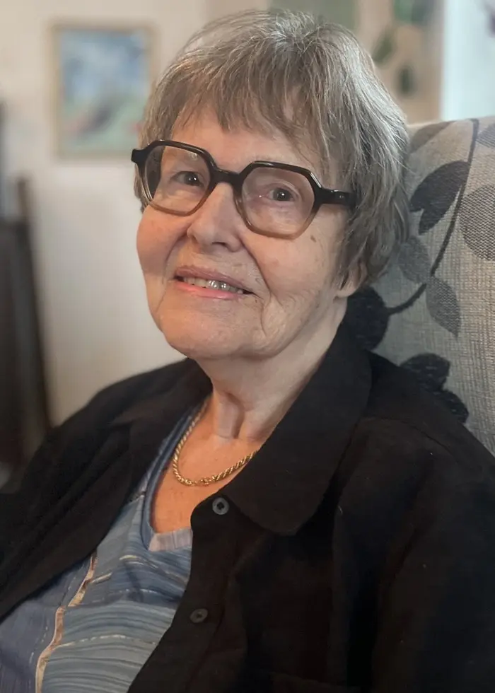 En person sitter i en gråmönstrad fåtölj i ett vardagsrum. Bakgrunden visar en matplats med vita stolar och ett skåp. Ljuset kommer från ett fönster med blommiga gardiner.