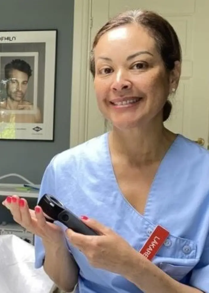 Delad bild. Till vänster syns en bild på en termometer med minusgrader, och till höger hudläkaren Brenda Silva.