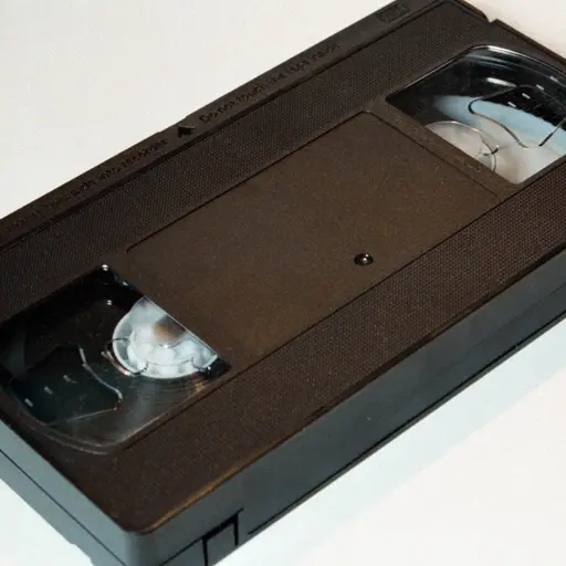 Ett svart VHS-band ligger på en vit bakgrund. Videokassetten har en rektangulär form och tydliga spolar synliga genom plastfönstren.