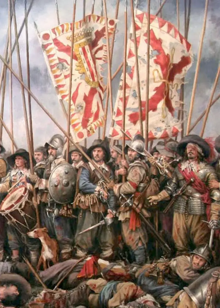 Bildmontage som jämför två scener: till vänster en historisk målning med soldater som bär fanor från 1600-talet, till höger en modern fotbollsläktare fylld av fans med flaggor och färgglada banderoller.