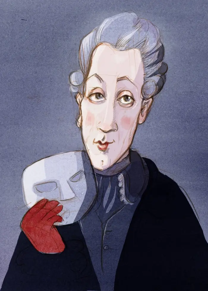 Piirustus henkilöstä harmaalla taustalla, valkoinen naamio kädessä ja punainen hansikas, yllään tumma takki ja vaalea peruukki. Ohjelma: Historierummet, jakso teatterikuningas Kustaa kolmannesta.

Teckning av person mot grå bakgrund som håller en vit mask med röd handske, bär mörk rock och ljus peruk. Program: Historierummet. Gustav III – teaterkungen som blev skjuten på sin egen bal