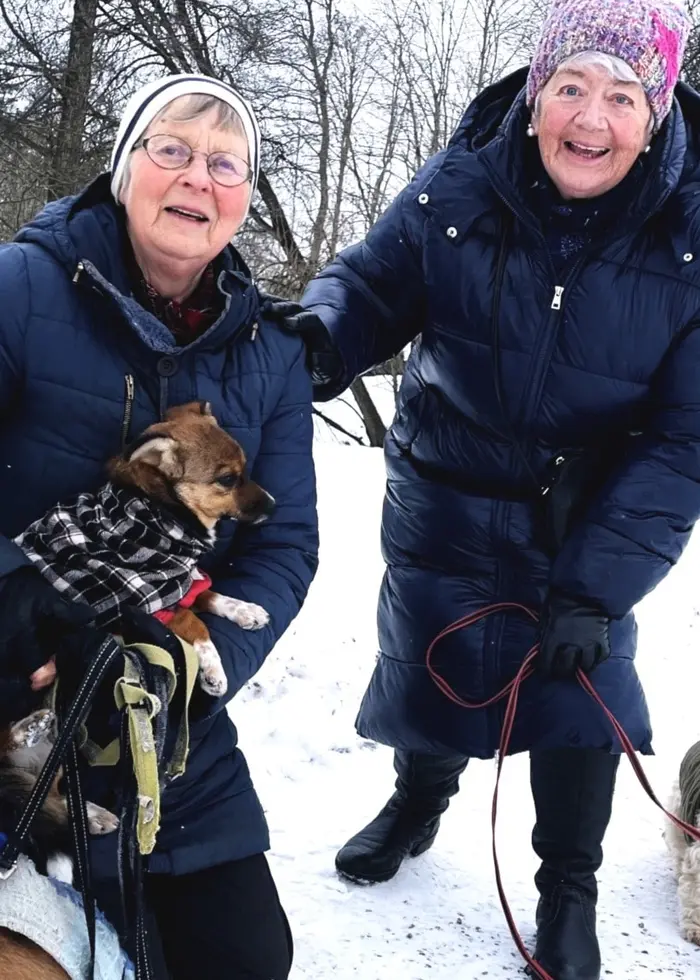 Två äldre kvinnor är ute och promenerar med sina hundar.