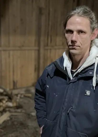 En person står i en träbyggnad med bråte och träspill bakom sig. Personen har på sig en mörkblå jacka och en vit huvtröja. Ljuset faller in genom en öppning i byggnaden.