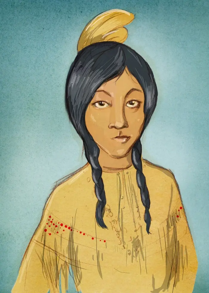 Teckning av Pocahontas med långt svart hår i två flätor och gul dekorerad skjorta, samt en gul fjäder på huvudet. Blåaktig bakgrund. Program: Historierummet