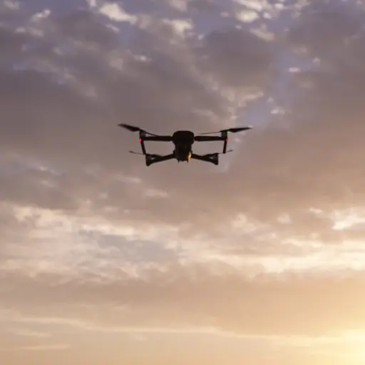 En drönare flyger i skymningsljus mot en himmel täckt av moln.