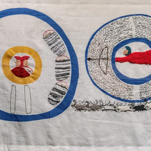 Två broderade cirklar den ena visar en kåta ovanifrån, den andra ett rengärde. I den vänstra är det i mitten en gul ring, i den två kvinnohuvunden med röda hornmössor, vända med ryggarna mot varanda. I den högra, rengärdet, 