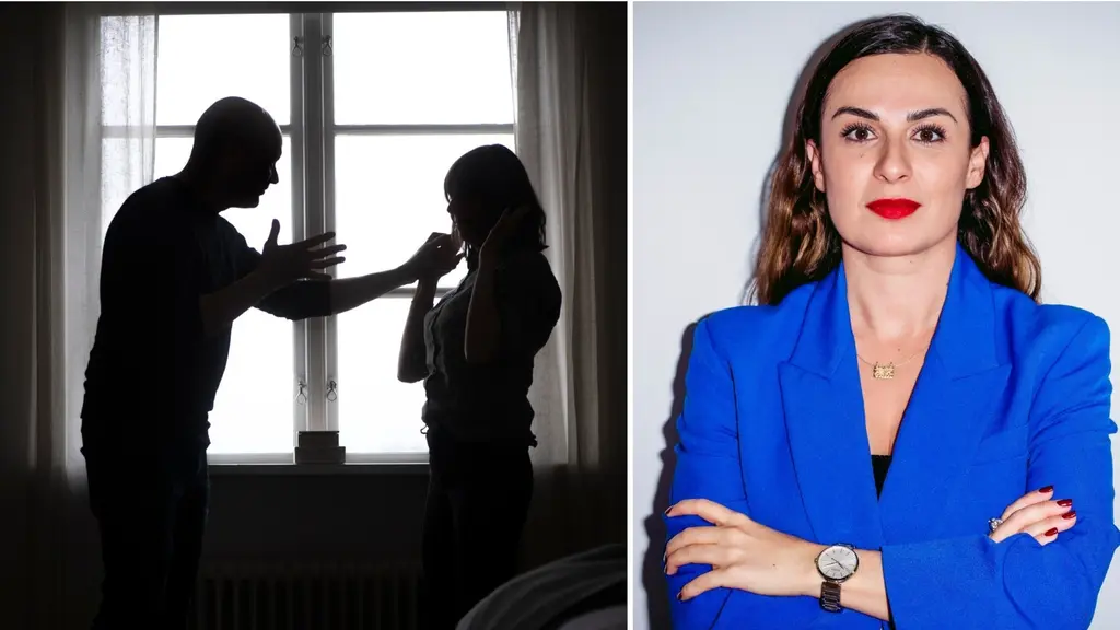 Bildmontage som visar två scener: till vänster en silhuett av två personer i en diskussion framför ett fönster, och till höger en person i en blå kavaj med armarna i kors mot en ljus bakgrund.