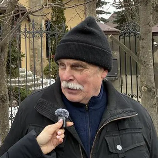 Vasily med mössa och jacka framför ett hus och en bild på ett halvt raserat hus.