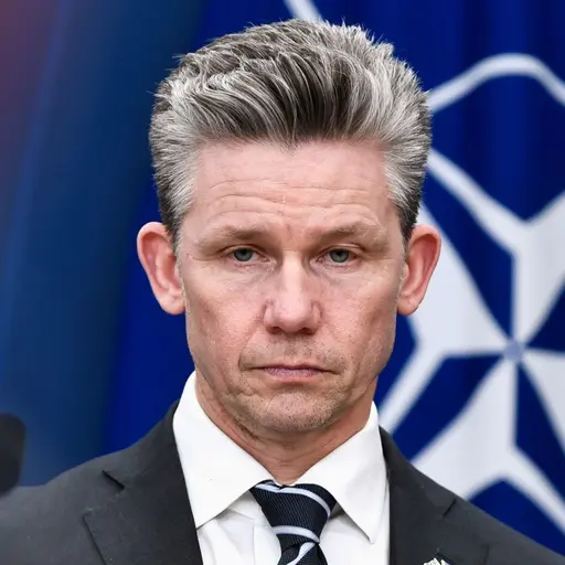 Försvarsminister Pål Jonson (M) står vid en mikrofon framför en bakgrund med NATO-logotypen. Han presenterar ett nytt militärt stöd till Ukraina under en pressträff i Stockholm.