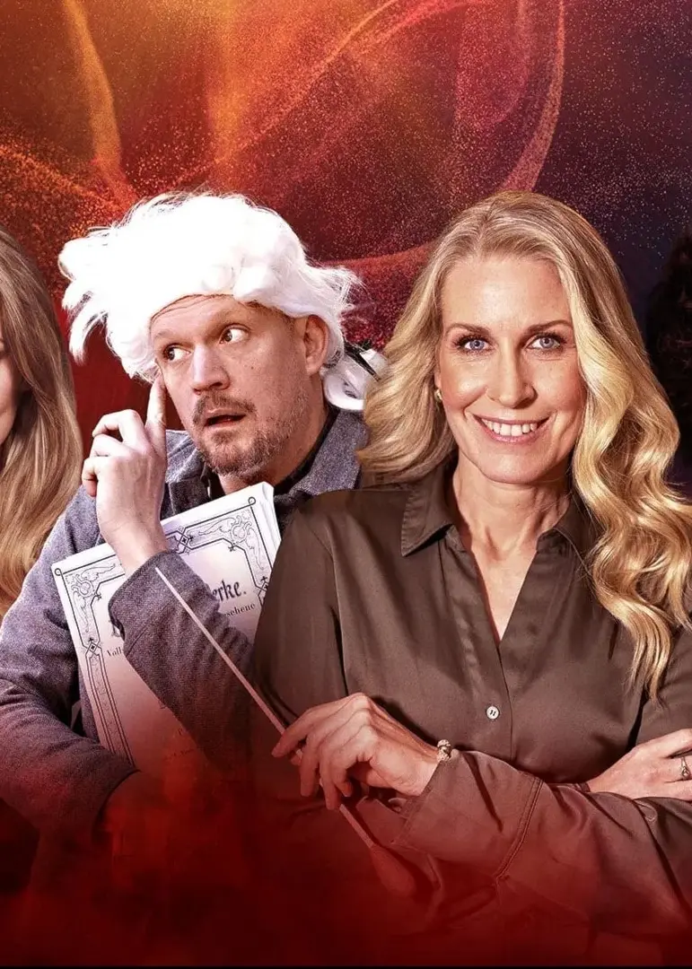 Bilden är ett collage med Ellinor Bengtson, Mari Eriksmoen, Jonatan Unge, Cathrine Winnes och Julia Sporsén som står mot en dramatisk bakgrund i rött och svart med virvlande ljuseffekter. De är klädda i eleganta scenkläder.