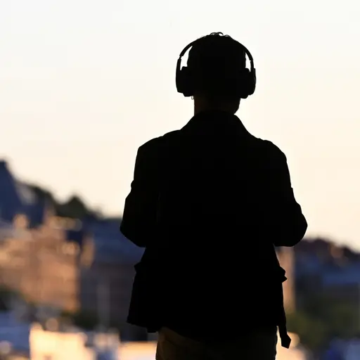 En person med hörlurar promenerar vid vattnet i Stockholm under solnedgången. Siluetten framträder mot ljuset från himlen och byggnader samt båtar i bakgrunden.