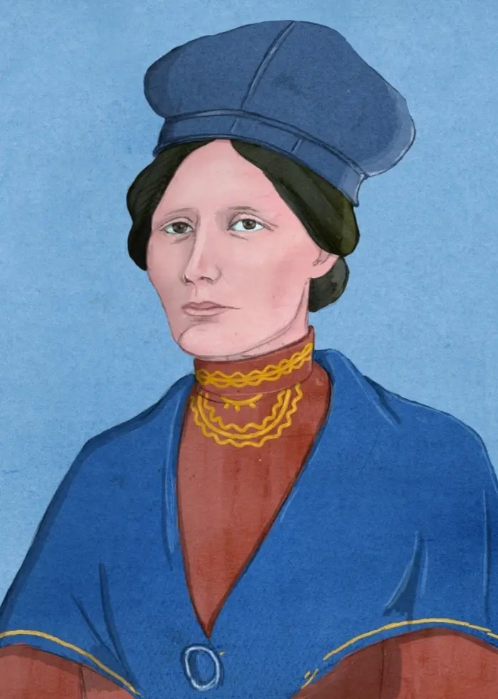 Piirroskuvassa nähdään Elsa Laula Renberg  saamelaisessa koltassa, joka on väritykseltään sininen ja punainen. Kuvan tausta on taivaansininen.
I teckningen ser vi  Elsa Laula Renberg iklädd en samisk kolt i blått och rött. Bakgrunden är himmelsblå.
Illustration: Charlotte Heyman
Elsa Laula Renberg i Historierummet. Illustration: Charlotte Heyman